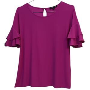 INC‎ Blouse Top LG Pink Ruffle Short Sleeves Light Feminine Office Career Fairy